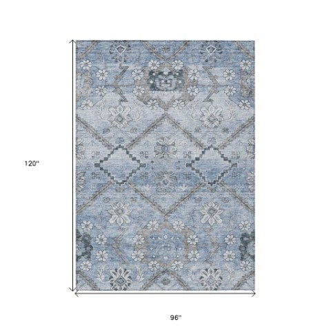 Homeroots 3' Stylish Floral Washable Area Rug - Durable Artichoke Green & Denim Blue For Indoor & Outdoor Use 8' X 10' Polyester 588867