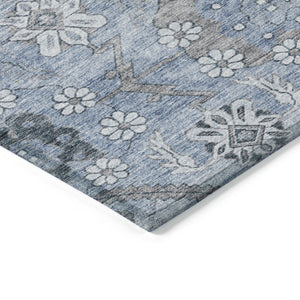 Homeroots 3' Stylish Floral Washable Area Rug - Durable Artichoke Green & Denim Blue For Indoor & Outdoor Use 8' X 10' Polyester 588867