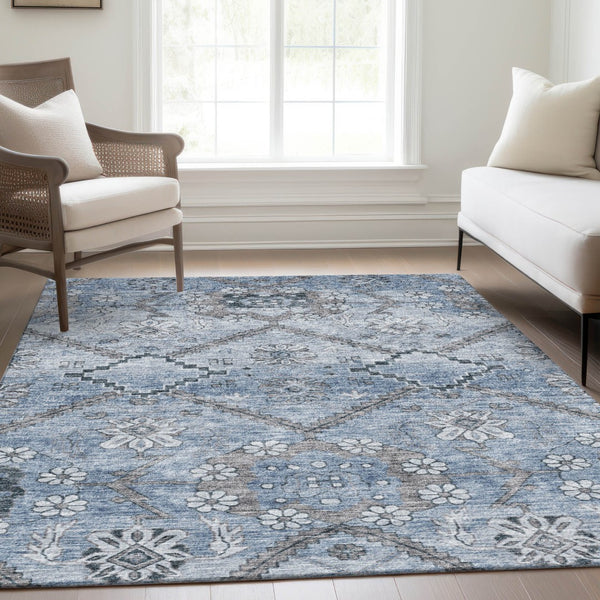 Homeroots 3' Stylish Floral Washable Area Rug - Durable Artichoke Green & Denim Blue For Indoor & Outdoor Use 10' X 14' Polyester 588869