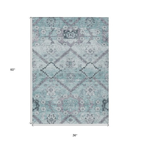 Homeroots 3' Stylish Floral Washable Area Rug - Durable Artichoke Green & Denim Blue For Indoor & Outdoor Use 3' X 5' Polyester 588876