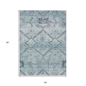 Homeroots 3' Stylish Floral Washable Area Rug - Durable Artichoke Green & Denim Blue For Indoor & Outdoor Use 5' X 8' Polyester 588877