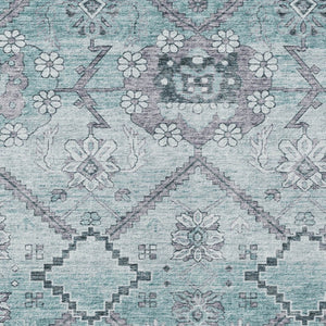 Homeroots 3' Stylish Floral Washable Area Rug - Durable Artichoke Green & Denim Blue For Indoor & Outdoor Use 5' X 8' Polyester 588877