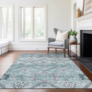 Homeroots 3' Stylish Floral Washable Area Rug - Durable Artichoke Green & Denim Blue For Indoor & Outdoor Use 5' X 8' Polyester 588877
