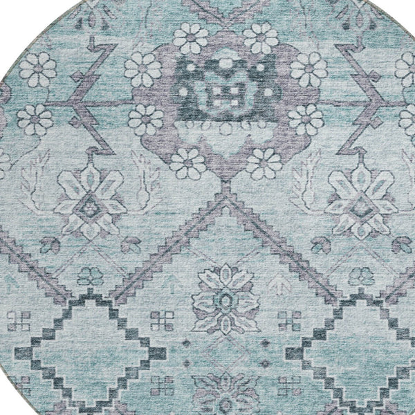 Homeroots 3' Stylish Floral Washable Area Rug - Durable Artichoke Green & Denim Blue For Indoor & Outdoor Use 8' Round Polyester 588878