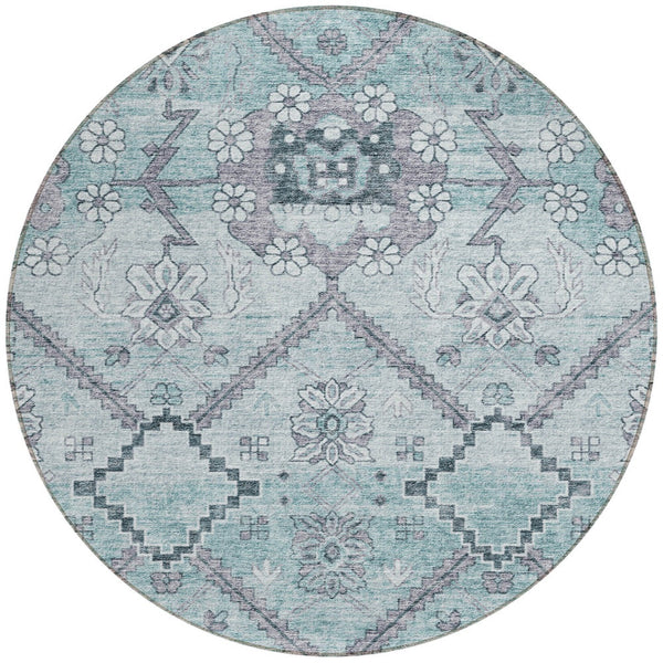 Homeroots 3' Stylish Floral Washable Area Rug - Durable Artichoke Green & Denim Blue For Indoor & Outdoor Use 8' Round Polyester 588878
