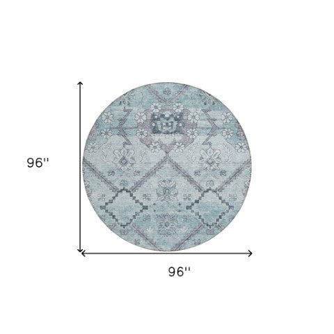 Homeroots 3' Stylish Floral Washable Area Rug - Durable Artichoke Green & Denim Blue For Indoor & Outdoor Use 8' Round Polyester 588878