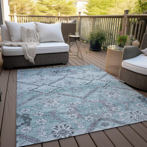 Homeroots 3' Stylish Floral Washable Area Rug - Durable Artichoke Green & Denim Blue For Indoor & Outdoor Use 8' X 10' Polyester 588879