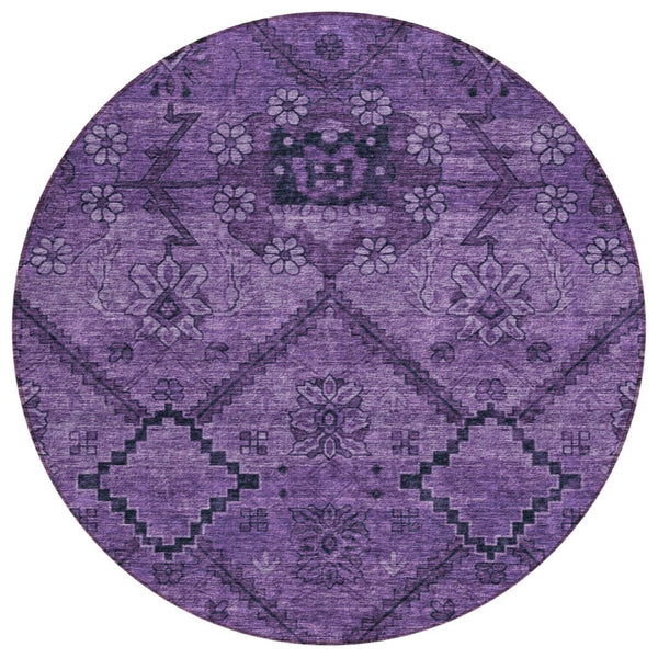 HomeRoots 5' Vibrant Eggplant Purple Floral Area Rug - Durable, Machine Washable for Indoor & Outdoor Spaces 8' Round 588890