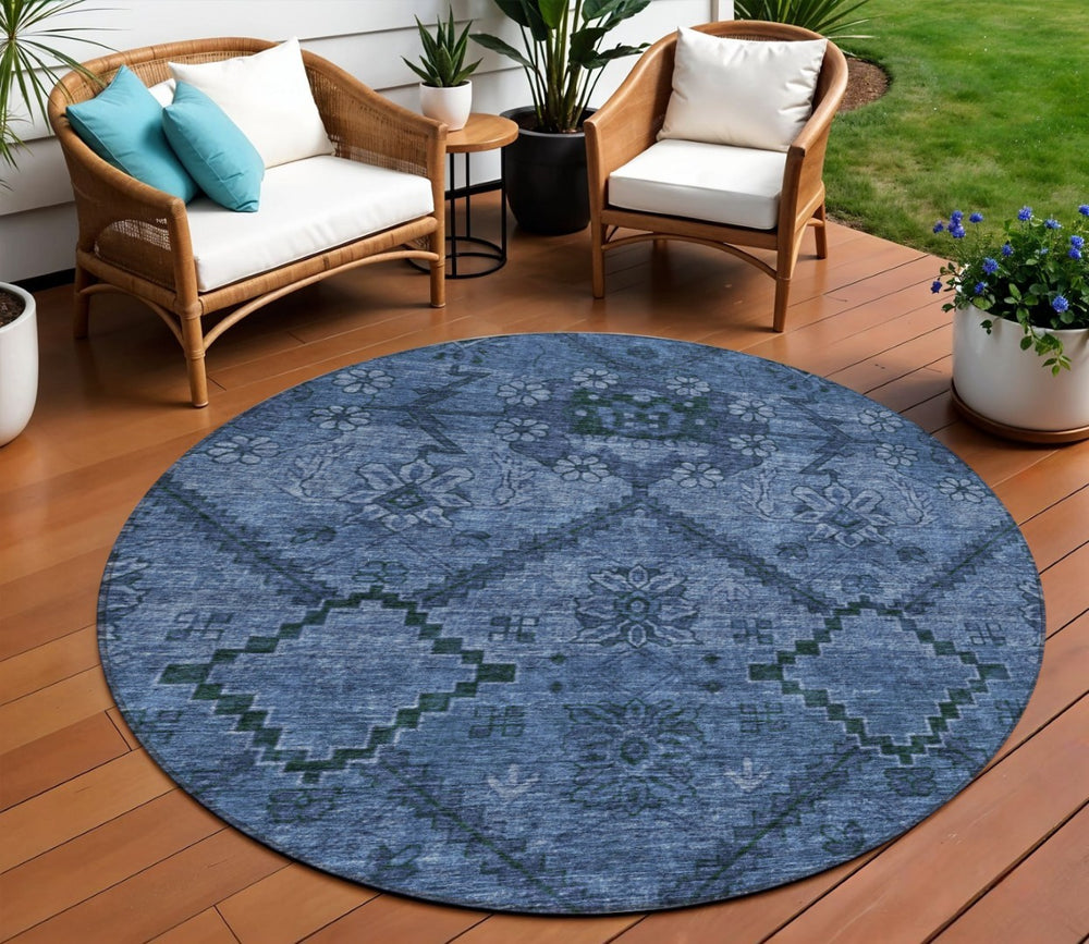HomeRoots 5' Navy Blue Floral Area Rug - Durable, Washable Design for Indoor and Outdoor Spaces, Easy Care 8' Round 588896