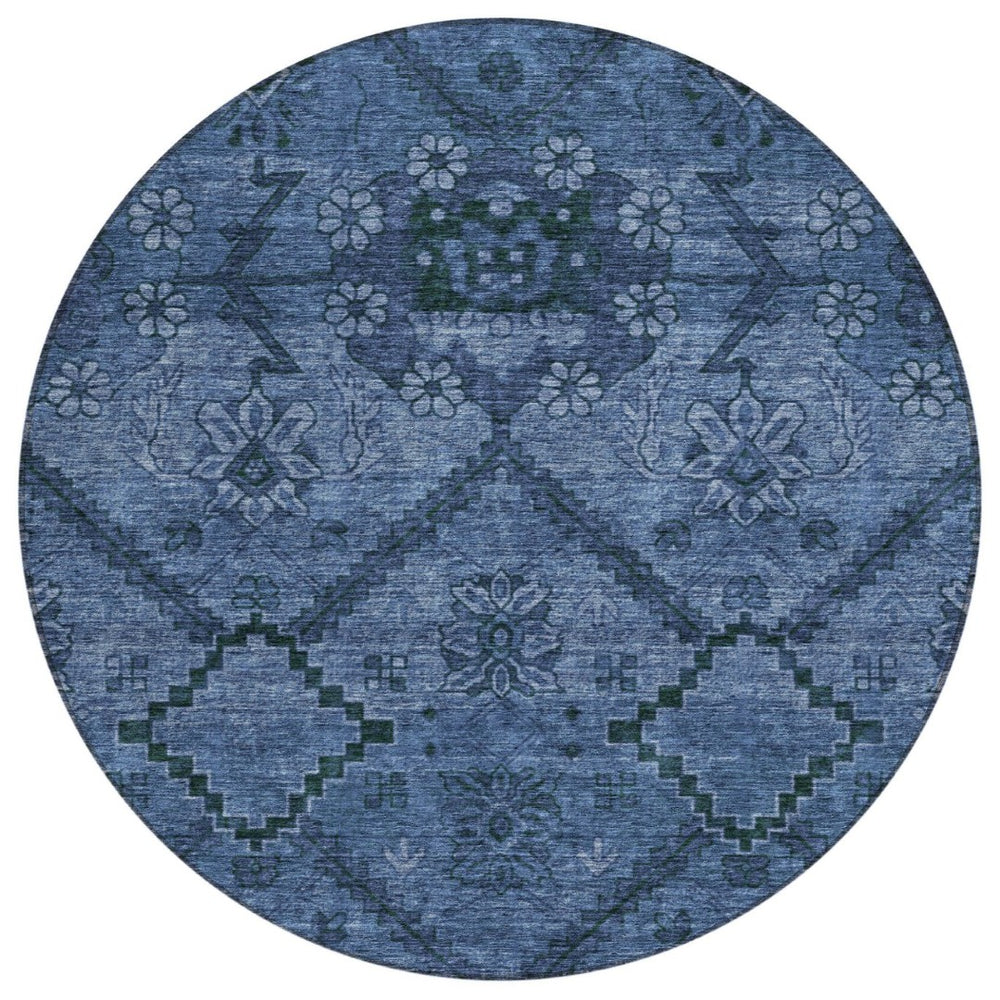HomeRoots 5' Navy Blue Floral Area Rug - Durable, Washable Design for Indoor and Outdoor Spaces, Easy Care 8' Round 588896