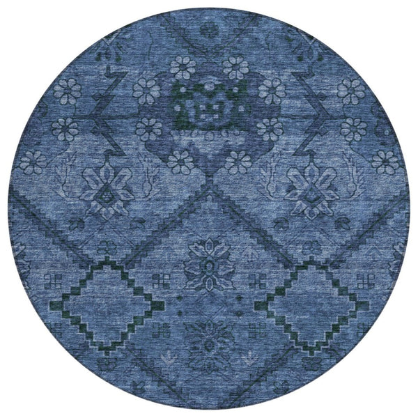 HomeRoots 5' Navy Blue Floral Area Rug - Durable, Washable Design for Indoor and Outdoor Spaces, Easy Care 8' Round 588896