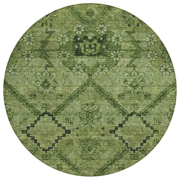 HomeRoots 5' Washable Indoor/Outdoor Area Rug in Olive & Fern Green Floral Design for High-Traffic Spaces 8' Round 588902