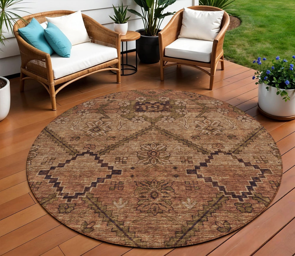 HomeRoots 5' Floral Area Rug in Rich Orange, Copper & Brown – Durable, Washable for Indoor & Outdoor Use 8' Round 588908