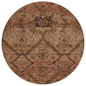 HomeRoots 5' Floral Area Rug in Rich Orange, Copper & Brown – Durable, Washable for Indoor & Outdoor Use 8' Round 588908