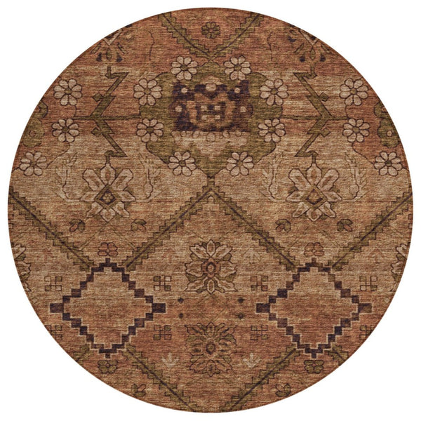 HomeRoots 5' Floral Area Rug in Rich Orange, Copper & Brown – Durable, Washable for Indoor & Outdoor Use 8' Round 588908