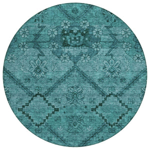 HomeRoots 5' Teal Blue and Aqua Floral Indoor Outdoor Area Rug - Durable, Washable, Ideal for High-Traffic Spaces 8' Round 588914