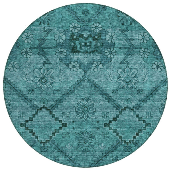 HomeRoots 5' Teal Blue and Aqua Floral Indoor Outdoor Area Rug - Durable, Washable, Ideal for High-Traffic Spaces 8' Round 588914