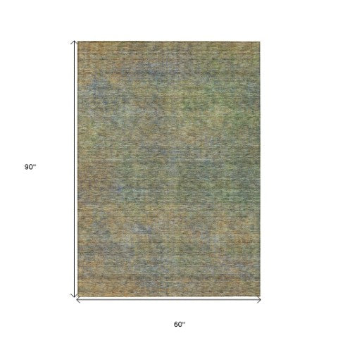 Homeroots 3' Vibrant Green, Gold & Charcoal Abstract Washable Indoor-outdoor Area Rug For Versatile Spaces 5' X 8' Polyester 588919