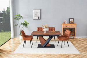 English Elm Modern Extendable Dining Table with Walnut MDF Veneer Top, Dual V-Shaped Metal Base, Sleek Durable Design Dark Walnut W3493S00007