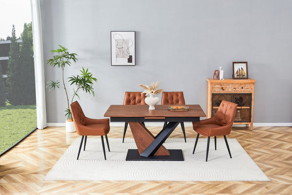 English Elm Modern Extendable Dining Table with Walnut MDF Veneer Top, Dual V-Shaped Metal Base, Sleek Durable Design Dark Walnut W3493S00007