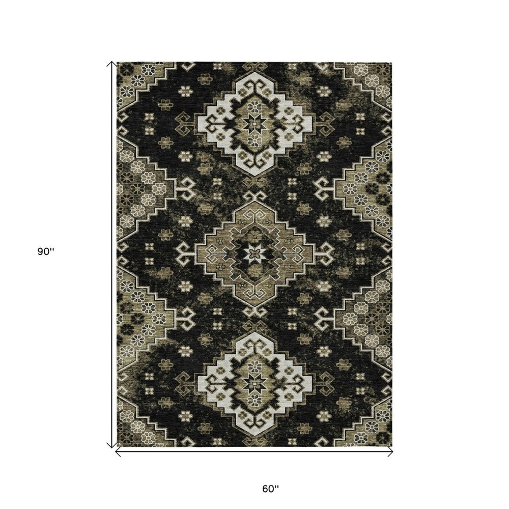 HomeRoots 5' Elegant Black Ivory Taupe Medallion Area Rug - Durable, Washable, Indoor/Outdoor Versatile Design 5' X 8' 588991