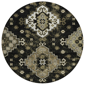 HomeRoots 5' Elegant Black Ivory Taupe Medallion Area Rug - Durable, Washable, Indoor/Outdoor Versatile Design 8' Round 588992
