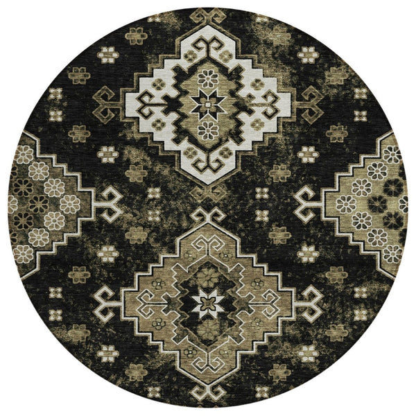 HomeRoots 5' Elegant Black Ivory Taupe Medallion Area Rug - Durable, Washable, Indoor/Outdoor Versatile Design 8' Round 588992