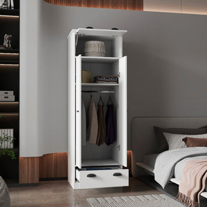 English Elm White Double Door and 1-Drawer Armoire with Hanging Rod, Hinged Top & Spacious Lower Drawer for Compact Spaces B062S00239