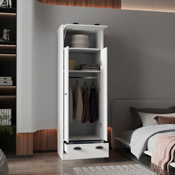 English Elm White Double Door and 1-Drawer Armoire with Hanging Rod, Hinged Top & Spacious Lower Drawer for Compact Spaces B062S00239