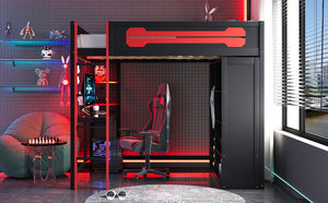 English Elm Full Size Gaming Loft Bed with Rgb Lighting Integrated Desk and Open Wardrobe N820S00073J
