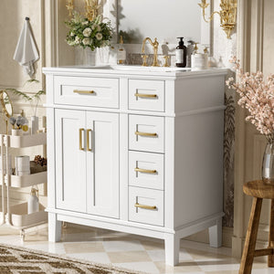English Elm 30" Bathroom Vanity with Ceramic Sink and Deep Storage, Soft-Close Doors, Gold Handles, Durable Wood Frame White N729P276610K