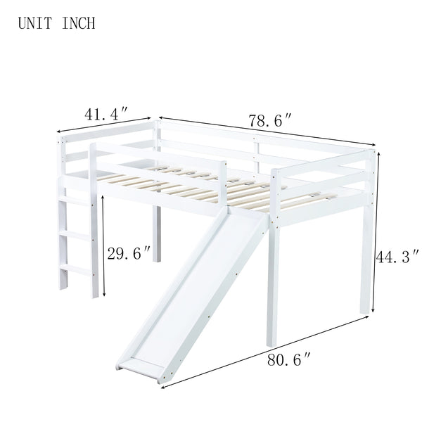 English Elm Twin Low Loft Bed with Slide and Ladder for Kids, Rubberwood Frame, Safety Guardrails & Playspace White W504P218525