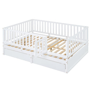 English Elm Full Size Pinewood Kids Daybed with Fence Rails Split Floor Bed and Storage Drawers White LP100882AAK