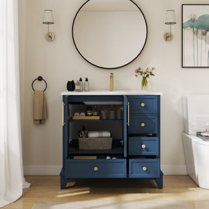 English Elm 35.6" Freestanding Bathroom Vanity with Roman Column Base and Ceramic Integrated Sink Blue W1801S00002