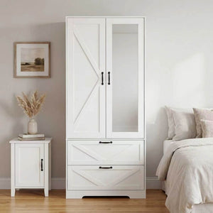 English Elm 2 Door White Wardrobe Closet with Mirror Hanging Rod Drawers and Auto Interior Light W409P167477