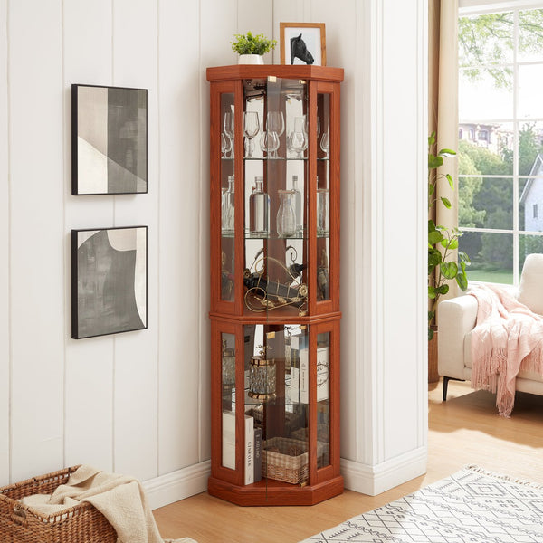 English Elm Lighted Corner Curio Cabinet - Elegant Dark Oak Display Case For Collectibles, Glassware & Decor W1758P300106