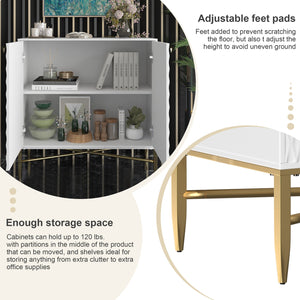 English Elm White Modern 2-Door Locker Accent Cabinet with Raised Diamond Front, Brass Tapered Legs, Storage Elegance T3609P333096