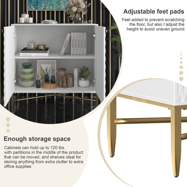 English Elm White Modern 2-Door Locker Accent Cabinet with Raised Diamond Front, Brass Tapered Legs, Storage Elegance T3609P333096