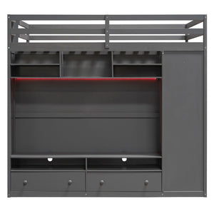 English Elm Full Size Loft Bed with Led Lighting Wardrobe Drawers and Shelves for Teen Rooms Gray LT000499AAE