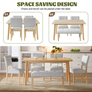 English Elm 6 Piece Farmhouse Dining Set Rubberwood Legs Tufted Chairs Bench Natural Ash Table N752S600015D
