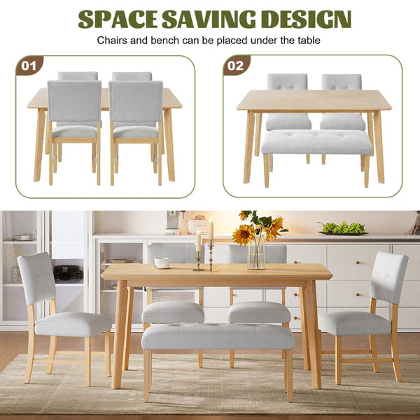 English Elm 6 Piece Farmhouse Dining Set Rubberwood Legs Tufted Chairs Bench Natural Ash Table N752S600015D