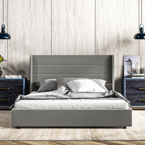 English Elm HOMCOM LED Platform Queen Bed Frame with USB-C Charging Station, 3-Tier Shelf, Noise-Free Support Light Gray W2225P249914