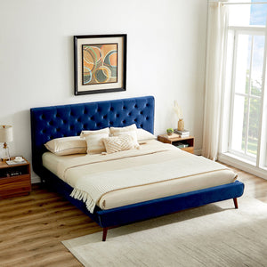 English Elm Ashcroft Furniture - Dillon Elegant Blue Velvet Platform Bed - Mid-Century Modern Design With No-Box-Spring Required B183S00080
