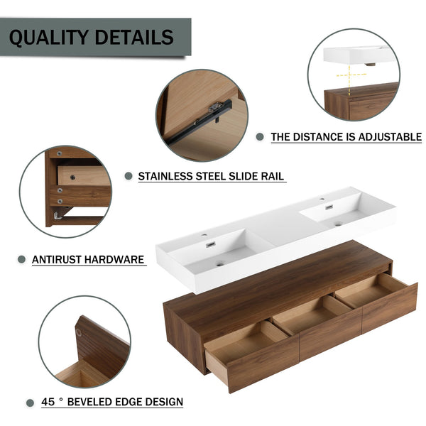 English Elm 60 Inch Wall-Mounted Bathroom Vanity With Dual Resin Sinks, Soft-Close Drawers & Modern Elegance W999S00259