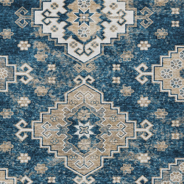 HomeRoots 5' Stylish Navy Blue Medallion Washable Area Rug for Indoor and Outdoor Living Spaces, Durable Design 5' X 8' 589009