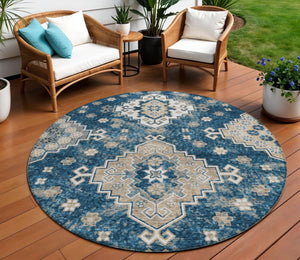 HomeRoots 5' Stylish Navy Blue Medallion Washable Area Rug for Indoor and Outdoor Living Spaces, Durable Design 8' Round 589010