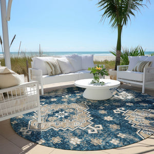 HomeRoots 5' Stylish Navy Blue Medallion Washable Area Rug for Indoor and Outdoor Living Spaces, Durable Design 8' Round 589010