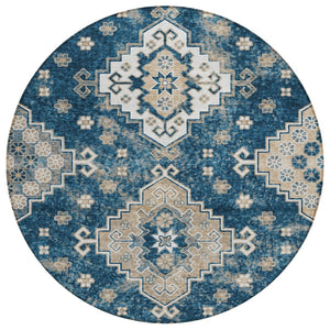 HomeRoots 5' Stylish Navy Blue Medallion Washable Area Rug for Indoor and Outdoor Living Spaces, Durable Design 8' Round 589010