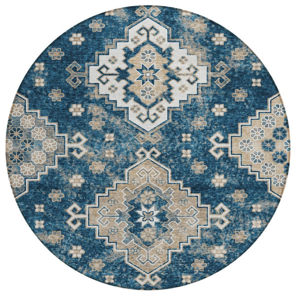 HomeRoots 5' Stylish Navy Blue Medallion Washable Area Rug for Indoor and Outdoor Living Spaces, Durable Design 8' Round 589010