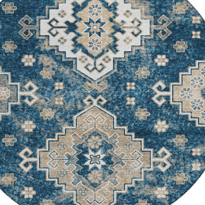 HomeRoots 5' Stylish Navy Blue Medallion Washable Area Rug for Indoor and Outdoor Living Spaces, Durable Design 8' Round 589010